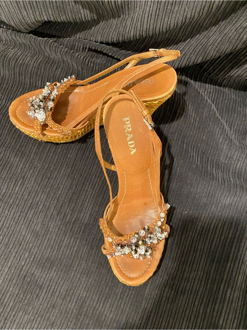 Prada Tan Crystal-Embellished Wedge Sandals